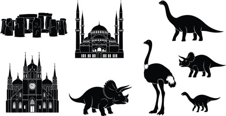 Historical Landmarks and Dinosaur Silhouette Vector Collection Featuring Stonehenge Mosque Cathedral and Prehistoric Animal Illustrations © MstRostama