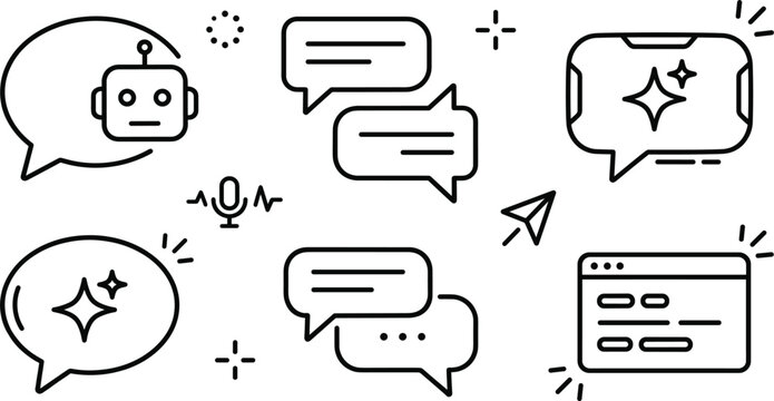 Minimalist AI chatbot line art set featuring speech bubbles robot assistant dialogue sparkles modern interface and black vector icons