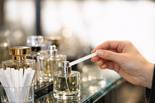 A person holding a white stick stands in front of a row of perfume bottles, possibly assisting customers at a store
