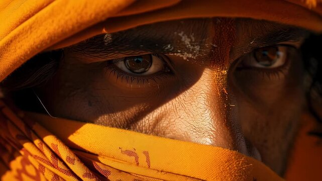 Intense Close-Up Portrait of an Indian Pilgrim During a Holy Procession