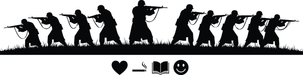 Naklejka premium World War Soldiers Silhouette Vector Illustration with Military Marching Army Troops and Minimal Symbol Icons Design