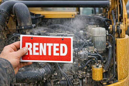 A worker holds a red and white sign in front of a construction vehicle, highlighting labor rights or safety concerns