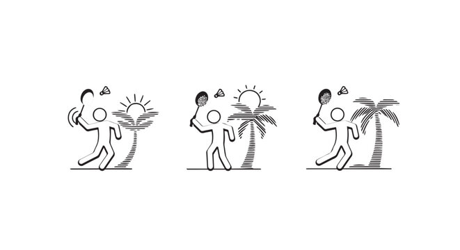Playful abstract figures dancing under tropical sun and palm trees.