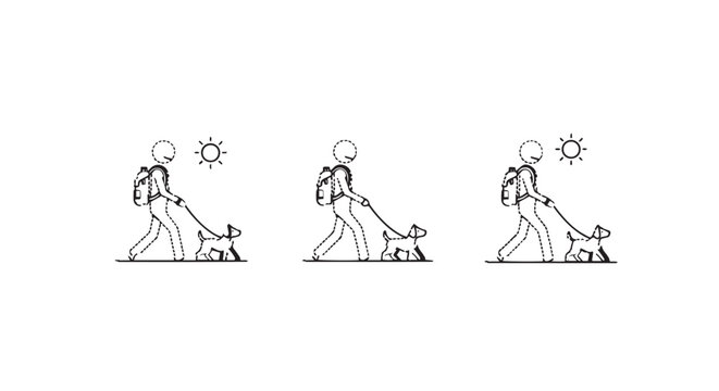 Illustration of person walking multiple dogs in sequence.