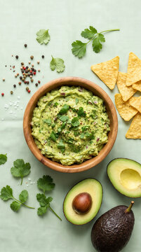 Authentic traditional mexican guacamole dip served with crispy tortilla chips and fresh avocado on a green table