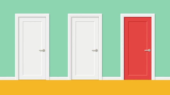 Three closed doors in a row with one red door standing out among white doors on a mint green wall