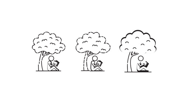 Illustrated progression of reading under a tree.