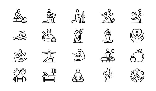 Recovery and Physiotherapy Line Icon Set Featuring Massage Exercise Sports and Wellness Symbols