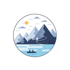 Obraz premium Mountain Landscape with Hikers and Rowboat