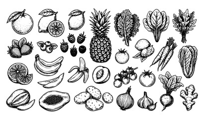 Hand drawn fruits and vegetables black white sketch vector set © MstKamrun