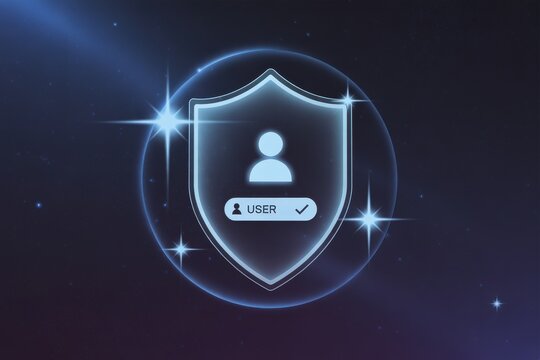 Glowing blue shield with user icon and checkmark