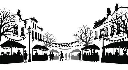Obraz premium Silhouetted figures gather at a lively outdoor market with festive decorations and charming architecture.