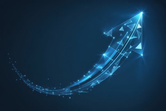 Glowing blue rocket icon with geometric shapes