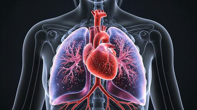 Detailed Anatomical Illustration Of Human Heart And Lungs Against A Black Background Highlighting Circulatory System For Educational Purposes