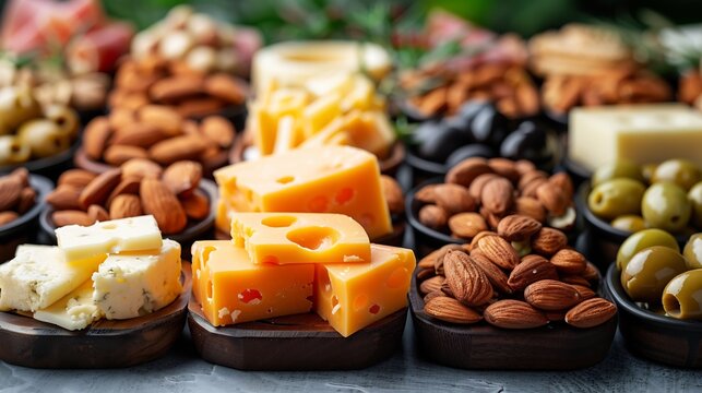 Macro shot keto snack almond cheese olives arranged geometric pattern white background ultra clean minimal abstract food art
