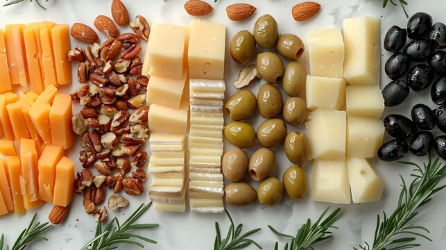 Macro shot keto snack almond cheese olives arranged geometric pattern white background ultra clean minimal abstract food art