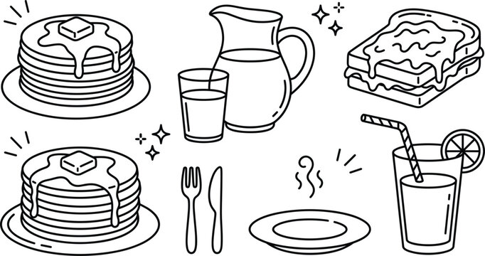 Minimalist breakfast food line art set featuring pancakes sandwich milk jug juice glass plate fork and black vector elements