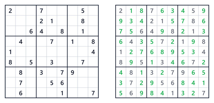 Sudoku solution page with math puzzle in hard level format . Sudoku classics 