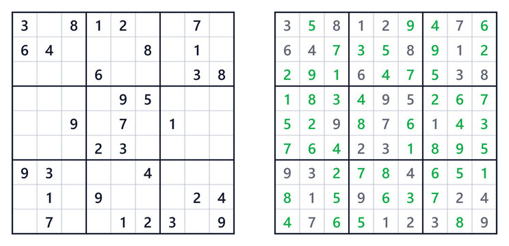 Sudoku solution page with mathematical logic puzzle hard level. Sudoku classics  