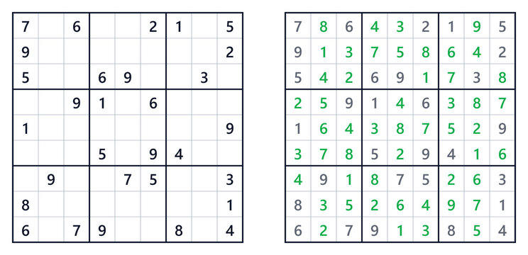 Sudoku solution page with mathematical logic puzzle in hard level. Sudoku classics  