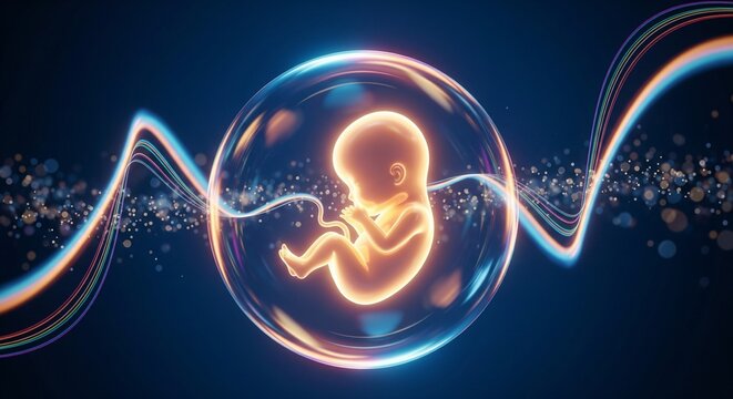 Human fetus inside a glowing protective bubble representing life and science