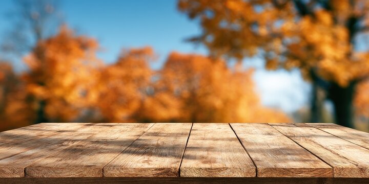 A weathered wooden table stands before a blurred backdrop of autumnal foliage and sky