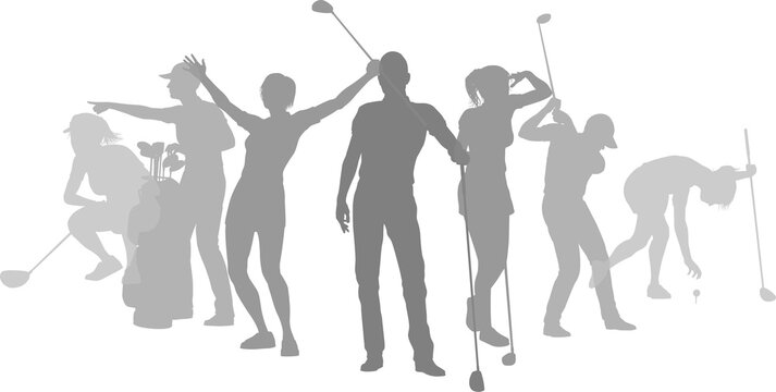 Silhouette golf player set. Active golfers golfing sports people healthy players fitness silhouettes concept.