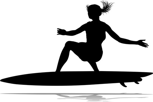 Surfer surfboard boarding female surfer surfing silhouette outline. Woman surf pose design concept.