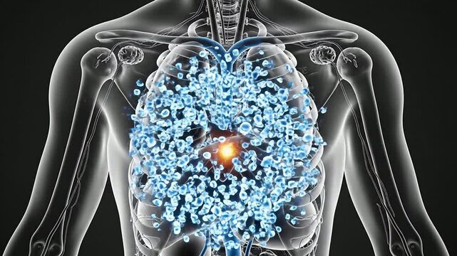 Detailed Anatomical Illustration of Human Lungs and Heart with Molecular Structures in the Chest Against a Dark Background for Medical and Health Visualization