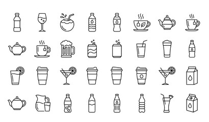 Beverages drinks thin line icon set bottle coffee cocktail vector
