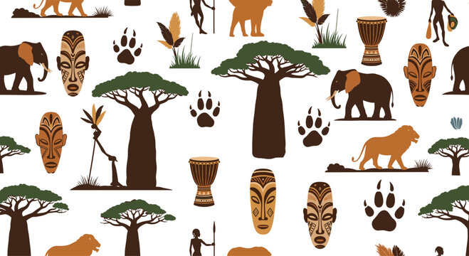 Seamless pattern celebrating African culture and nature with lions, elephants, tribal masks, baobab trees, and animal footprints.