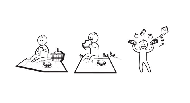 Illustrated characters showing different multitasking scenarios.