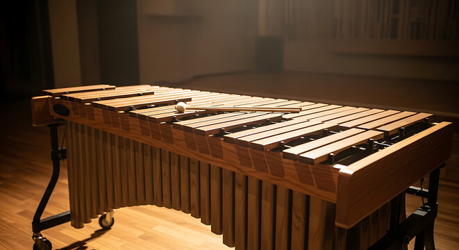 Marimba with mallets on wooden floor in a music room, instruments