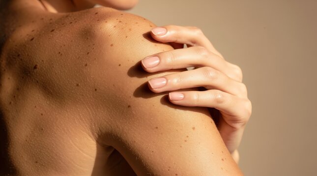 Close-up of a person's shoulder with dry, flaky skin being gently touched by their hand, highlighting skin texture and dryness.