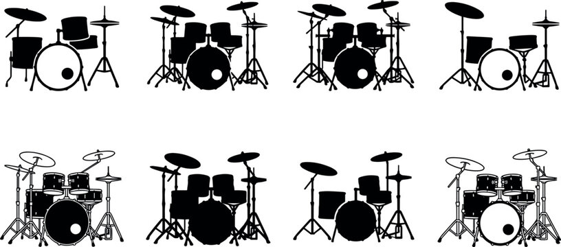 Drum Kit Vector Collection with Percussion Instrument Silhouettes, Musical Band Equipment Icons, and Outline Drum Set Illustrations