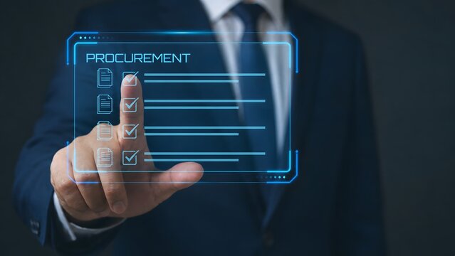Modern business procurement checklist on virtual screen for vendor management and sourcing