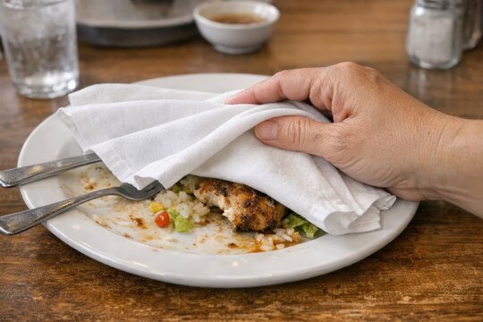 A person holding a napkin over a plate of food, suitable for use in scenarios where discretion is necessary