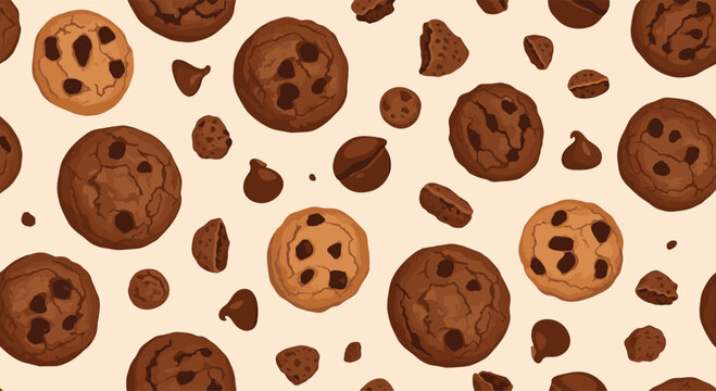Delicious seamless pattern featuring various chocolate chip cookies and loose chocolate chips on a warm cream background.