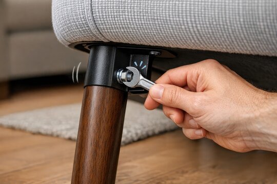A person holds a wrench under a couch, ready to fix or adjust something