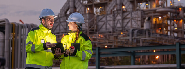 Two petroleum engineers team male and female hold tablet discussing and monitoring data for maintenance during night shift at oil refinery plant engineering teamwork industrial energy operation. © BESTIMAGE