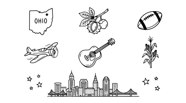 Ohio State Vector Doodle Set | Black and White Line Art | Editable Graphic for Travel, Culture, and Midwest Heritage Design Projects