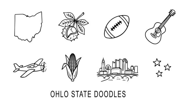 Ohio State Vector Doodle Set | Black and White Line Art | Editable Graphic for Travel, Culture, and Midwest Heritage Design Projects