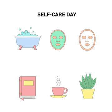 Self-Care Day Icons: Bath, Face Mask, Book, Tea, Plant