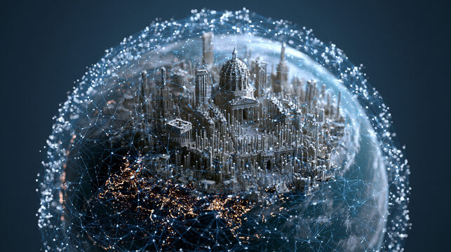 A futuristic cityscape enclosed within a transparent sphere on a dark background