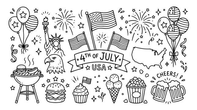 Fourth of July Vector Doodle Set | Black and White Line Art | Editable Graphic for Independence Day, Patriotic, and Celebration Design Projects