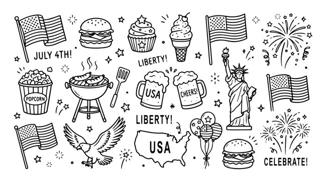 Fourth of July Vector Doodle Set | Black and White Line Art | Editable Graphic for Independence Day, Patriotic, and Celebration Design Projects