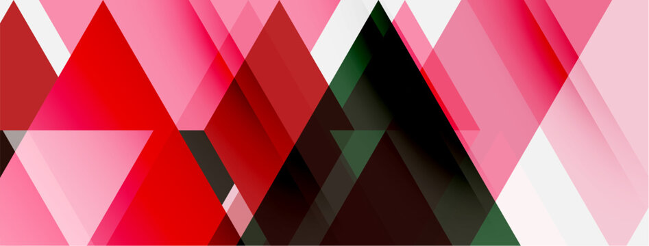 Abstract geometric pattern. Triangles, parallelograms overlap creating dynamic visual effect. Pink, red, black, white dominate composition.