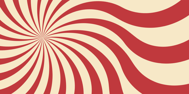 Vintage-style swirl background with red and off-white (cream) wavy rays. Abstract hypnotic spiral pattern radiating from an offset center. Perfect for circus themes