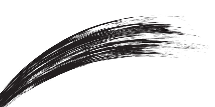 Hand-drawn black paint brush stroke with a curved motion and distressed grunge texture. Abstract ink splash element isolated on a white background