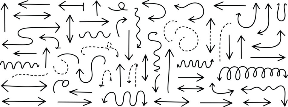 Collection of handdrawn arrow icons and symbols representing various directions and movements